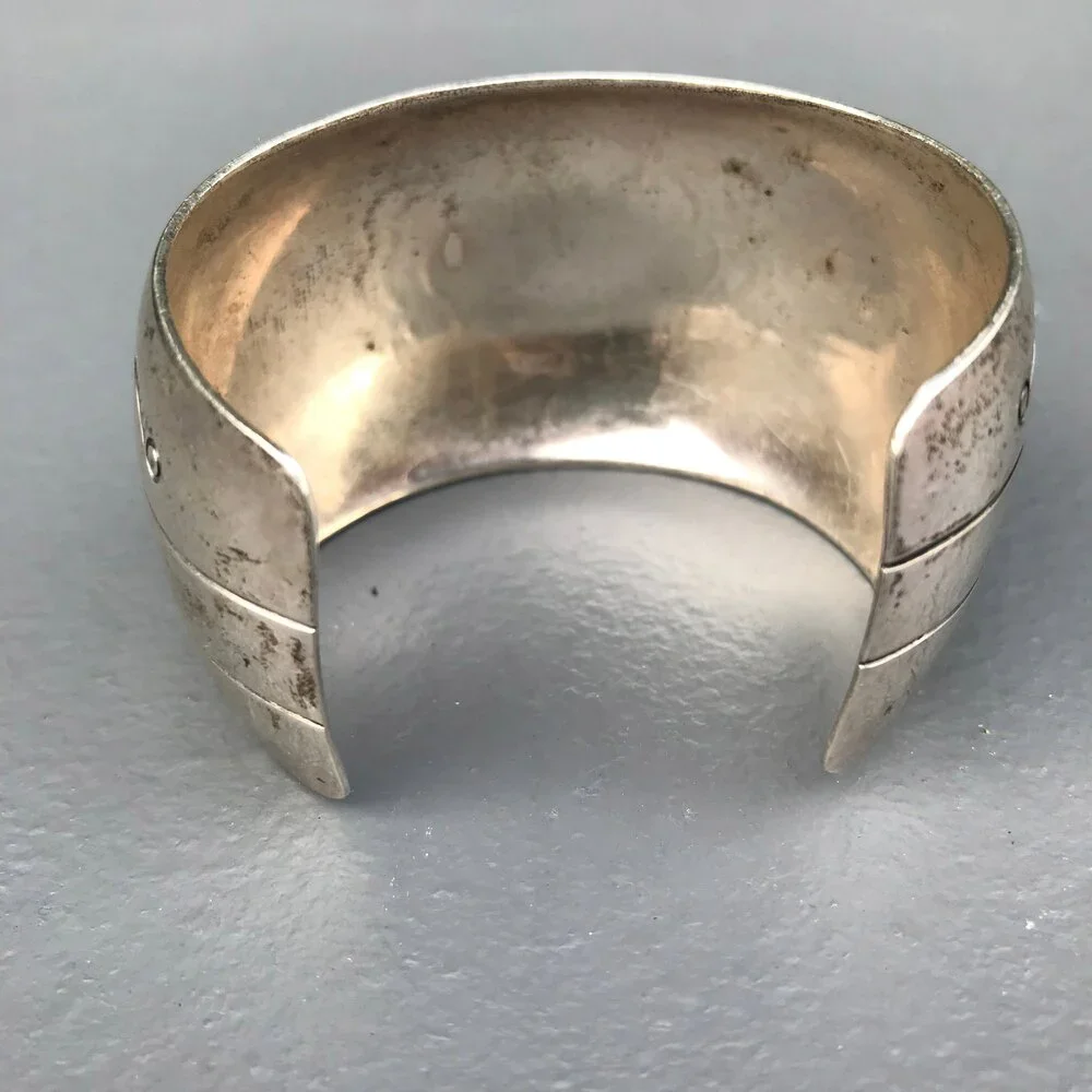 Vintage Sterling Silver Cuff Bracelet Inlay work Stamped Mexican Silver Jewelry - Picture 5 of 8